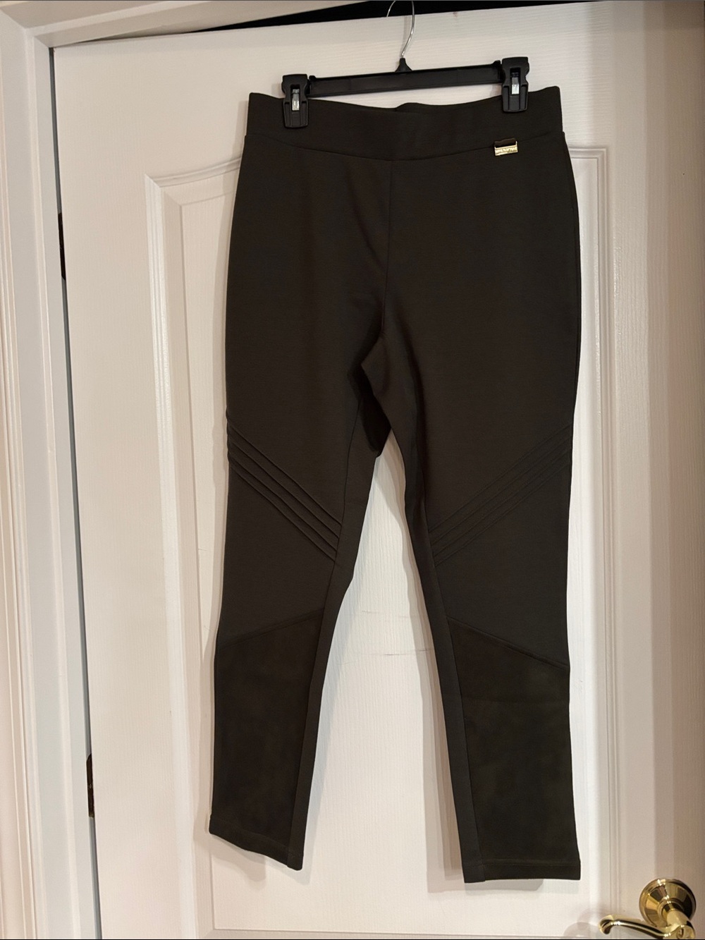 Marc New York Dark Olive Leggings with Gold Logo Plaque and velour bottoms
